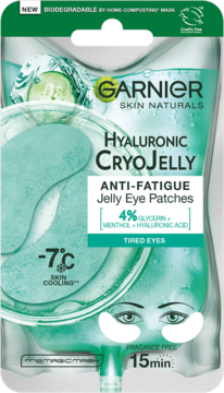 Garnier Hyaluronic Cryo Jelly Anti-Fatigue Eye Patches, zielona saszetka, widok z przodu, z efektem -7°C chłodzenia.