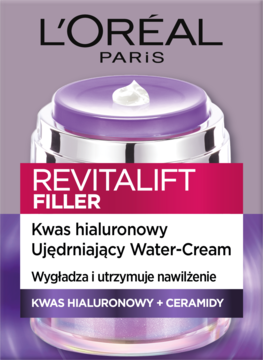 L'Oréal Revitalift Filler, ujędrniający krem z kwasem hialuronowym w fioletowym słoiczku, widok z przodu.