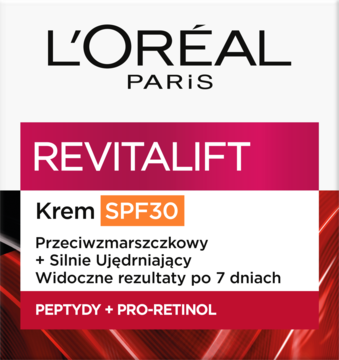 Front opakowania kremu L'Oréal Revitalift SPF30, przeciwzmarszczkowego, z peptydami i pro-retinolem, biało-bordowe.