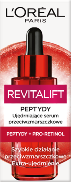 Czerwone serum przeciwzmarszczkowe L'Oréal Revitalift Peptydy + Pro-Retinol. Butelka z zakraplaczem, widok z przodu.