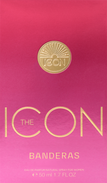 Różowe pudełko The Icon Eau de Parfum Banderas dla kobiet, ze złotym logo i napisem, widok z przodu.