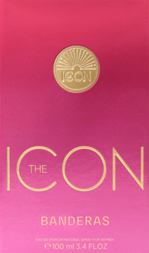 Różowe pudełko The Icon Banderas Eau de Parfum dla kobiet, ze złotym napisem i okrągłym emblematem.