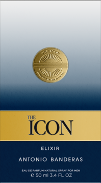 Front opakowania Antonio Banderas The Icon Elixir 50ml dla mężczyzn, niebiesko-złote z medalionem.