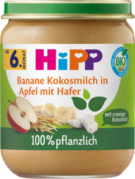 Słoik HiPP Banane Kokosmilch w Apfel z Hafer, 100% roślinny, dla dzieci od 6 miesiąca, widok z przodu.