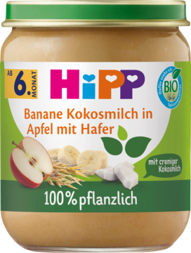 Słoik HiPP Banane Kokosmilch w Apfel z Hafer, 100% roślinny, dla dzieci od 6 miesiąca, widok z przodu.