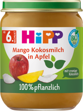HiPP wegański mus owocowy Mango Kokosmilch in Apfel, 100% roślinny, od 6. miesiąca, w słoiczku, widok z przodu.