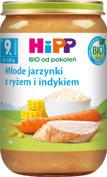 Słoik HiPP BIO z młodymi warzywami, ryżem i indykiem, dla niemowląt od 9 miesiąca, widok przodu.
