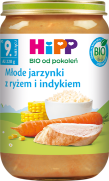 Słoik HiPP BIO z młodymi warzywami, ryżem i indykiem, dla niemowląt od 9 miesiąca, widok przodu.