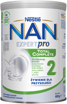 Nestle NAN EXPERTpro Total Complete 2 mleko dla delikatnych brzuszków, biała puszka z cyfrą 2, widok przód.