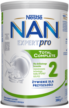 Nestlé NAN EXPERTpro Total Complete 2, mleko następne dla delikatnego brzuszka, biało-zielona puszka, przód, 380g.