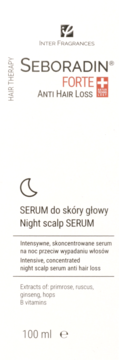 Seboradin Forte Anti Hair Loss Night Scalp Serum 100ml, biały kartonik z czarno-czerwonym napisem, widok z przodu.