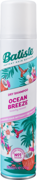 Batiste suchy szampon Ocean Breeze w białej puszce, widok z przodu, tropikalny wzór z palmami.