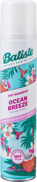 Batiste Ocean Breeze suchy szampon w białym opakowaniu z tropikalnymi liśćmi i kwiatami, widok przodem.