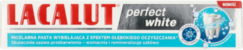Czerwono-biała tuba pasty do zębów Lacalut Perfect White, micelarna wybielająca, widok z przodu.