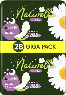 Dwa zielone opakowania podpasek Naturella Ultra nocnych 28 sztuk, z napisem GIGA PACK, ułożone jedno na drugim.