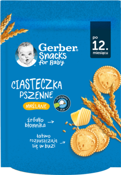 Niebieskie opakowanie Gerber Snacks for Baby ciasteczka pszenne maślane, z logo Gerber i ilustracjami zbóż, widok z przodu.