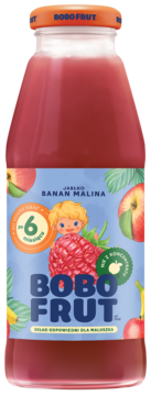 Butelka Bobo Frut nektar jabłko banan malina dla dzieci, różowy płyn, barwna etykieta z owocami, widok z przodu.