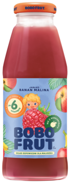 Butelka Bobo Frut nektar jabłko banan malina dla dzieci, różowy płyn, barwna etykieta z owocami, widok z przodu.