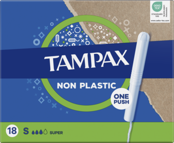 Niebieskie pudełko tamponów Tampax Non Plastic Super, 18 sztuk, z białym tamponem z kartonowym aplikatorem.