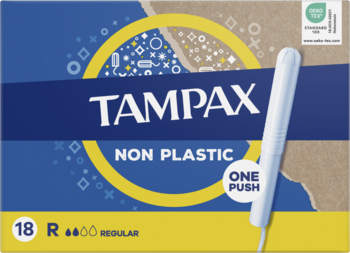 Niebieskie pudełko 18 tamponów Tampax Non Plastic Regular z aplikatorem kartonowym, z widocznym tamponem.