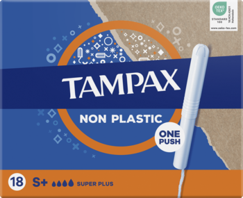Niebiesko-brązowe opakowanie Tampax Non Plastic Super Plus 18 szt. z wystającym białym tamponem One Push.