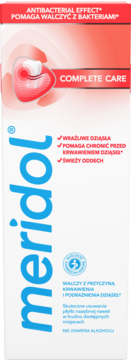 Meridol Complete Care płyn do płukania ust, widok z przodu, białe opakowanie z czerwoną górą, dla wrażliwych dziąseł.