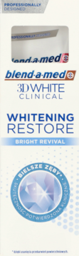 Białe pudełko pasty Blend-a-med 3D White Clinical Whitening Restore Bright Revival, widok z przodu.