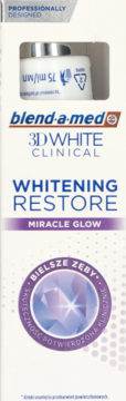 Pasta Blend-a-med 3D White Clinical Whitening Restore w białym pudełku, z niebiesko-fioletowym napisem, widok z przodu.