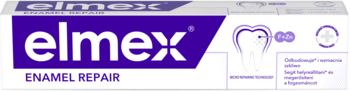 Biała tuba pasty Elmex Enamel Repair z fioletowym logotypem i grafiką zęba, widok z przodu.