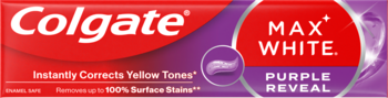 Pasta do zębów Colgate Max White Purple Reveal, czerwono-fioletowa tubka, optycznie koryguje żółte tony.