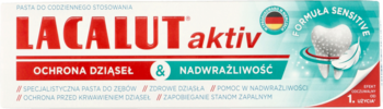 Lacalut aktiv pasta do zęb7b, bia7o-czerwone pude7ko z turkusowymi detalami, ochrona dzi7se7 i nadwra7liwo7ci.