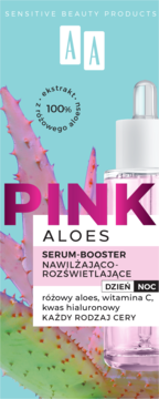 AA Pink Aloes Serum Booster nawilżająco-rozświetlające z witaminą C i kwasem hialuronowym, butelka z pipetą.