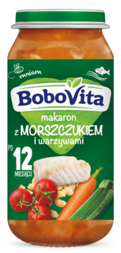 Słoik BoboVita: makaron z morszczukiem i warzywami, dla dzieci po 12 miesiącu, widok z przodu.
