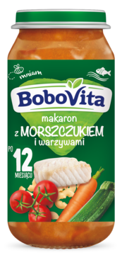 Słoik BoboVita: makaron z morszczukiem i warzywami, dla dzieci po 12 miesiącu, widok z przodu.