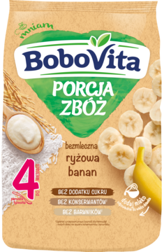 BoboVita Porcja Zbóż bezmleczna ryżowa banan kaszka dla dzieci, pomarańczowa torebka, widok z przodu.