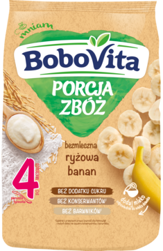 BoboVita Porcja Zbóż bezmleczna ryżowa banan kaszka dla dzieci, pomarańczowa torebka, widok z przodu.