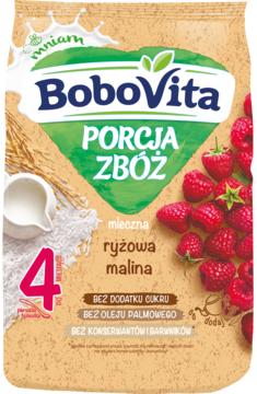 BoboVita Porcja Zbóż mleczno-ryżowa malina, pomarańczowa saszetka z grafiką zbóż i czerwonych malin.