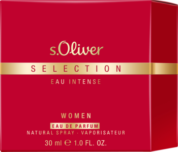 Czerwone opakowanie perfum s.Oliver Selection Eau Intense 30 ml dla kobiet, widok z przodu, złote i białe napisy.
