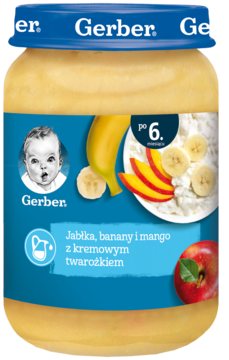 Słoik deserku Gerber Jabłka, banany i mango z twarożkiem, dla maluchów po 6 miesiącu życia, widok z przodu.