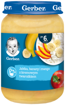 Słoik deserku Gerber Jabłka, banany i mango z twarożkiem, dla maluchów po 6 miesiącu życia, widok z przodu.