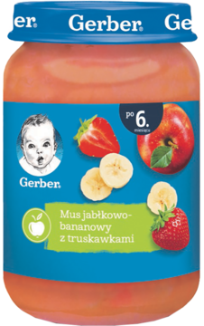 Gerber Mus jabłkowo-bananowy z truskawkami, słoiczek z niebieskim wieczkiem, widok z przodu, po 6 miesiącu.