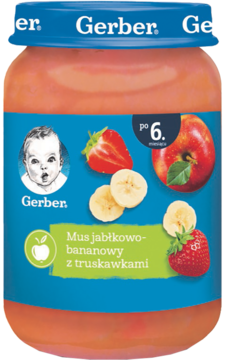 Gerber Mus jabłkowo-bananowy z truskawkami, słoiczek z niebieskim wieczkiem, widok z przodu, po 6 miesiącu.