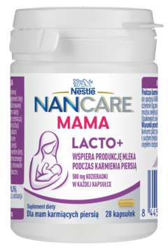 Suplement Nestle NANCARE MAMA LACTO+ w białym pojemniku, purpurowa etykieta, kozieradka na laktację.