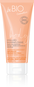Naturalny balsam beBIO Hyaluro nawilżający do ciała w pomarańczowej tubce z białym zamknięciem, widok z przodu.