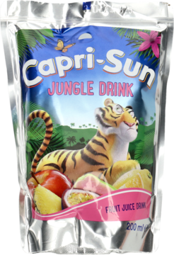 Saszetka Capri-Sun Jungle Drink, napój owocowy 200ml, z uśmiechniętym tygrysem i tropikalnymi owocami.