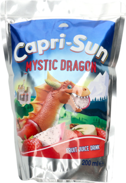 Srebrny napój Capri-Sun Mystic Dragon 200 ml w torebce, z czerwonym smokiem i owocami, widok z przodu.