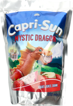 Srebrny napój Capri-Sun Mystic Dragon 200 ml w torebce, z czerwonym smokiem i owocami, widok z przodu.