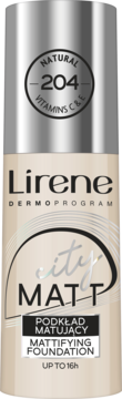 Lirene City Matt matujący podkład do twarzy, Natural 204, w beżowej butelce z witaminami C+E, widok z przodu.