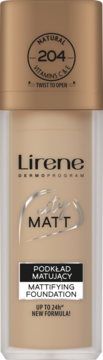 Beżowy podkład matujący Lirene Dermoprogram Matt T, odcień 204 Natural, butelka z matową złotą nakrętką, przód.