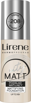 Lirene City Matt Podkład Matujący 208 Toffee, beżowa butelka z wit. C+E, srebrny korek, widok z przodu.